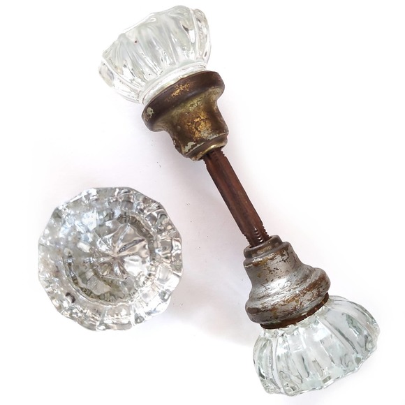 Antique | 12 Sided Glass Door Knob Pair & 2 Extra Knobs